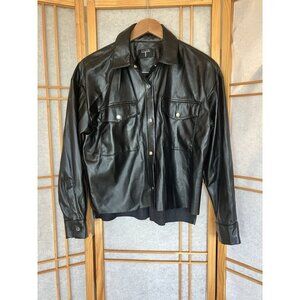 Tahari Black Faux Leather Step Collared Shirt Jacket Medium, Snap Front Moto Hip